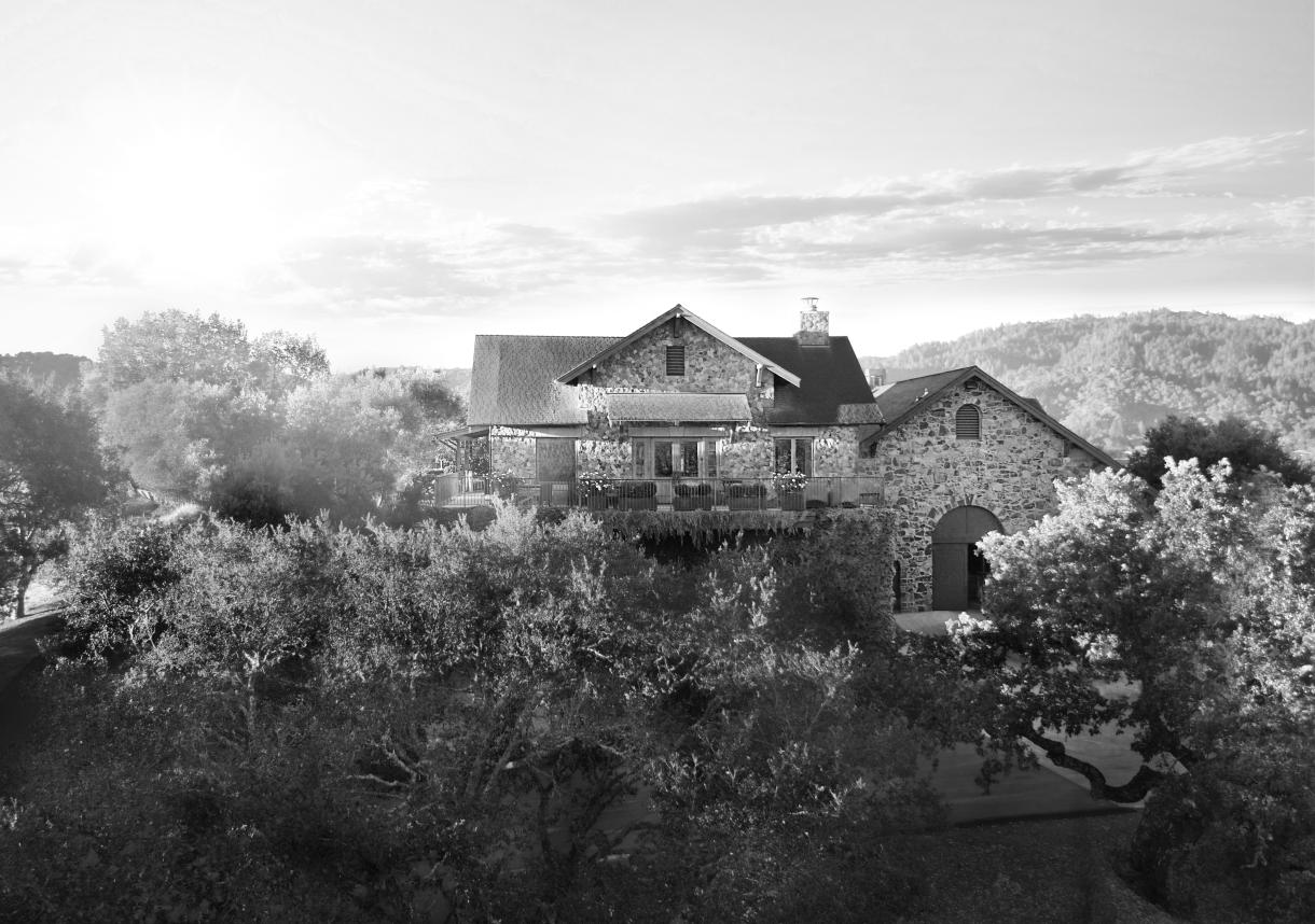 Cardinale winery tasting room on the a hilltop surround with vineyards. Black and White image.