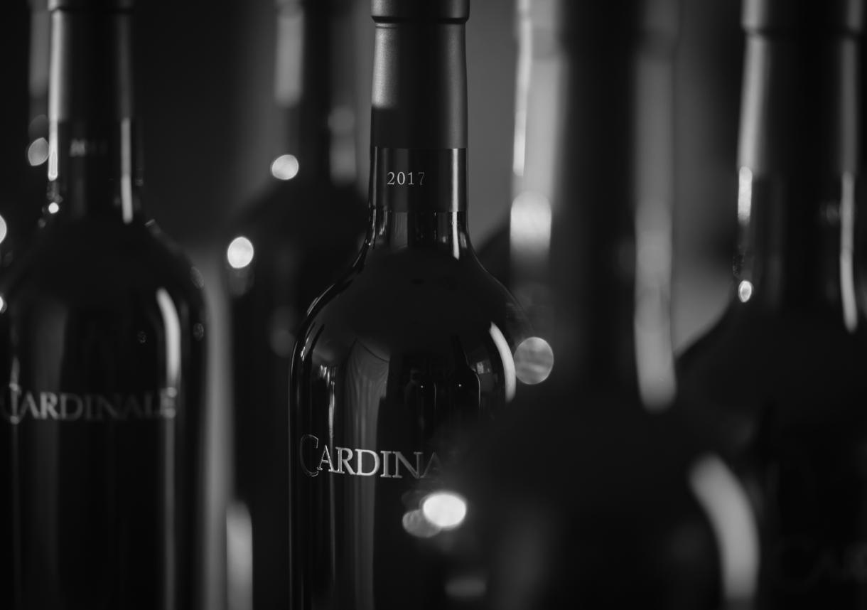 Bottle Shot of 2017 Cardinale bottles focusing on the wine bottle neck